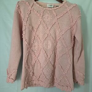 Yarnworks Pink Crochet Diamond Knit Sweater Ramie Cotton Vintage Womens Medium